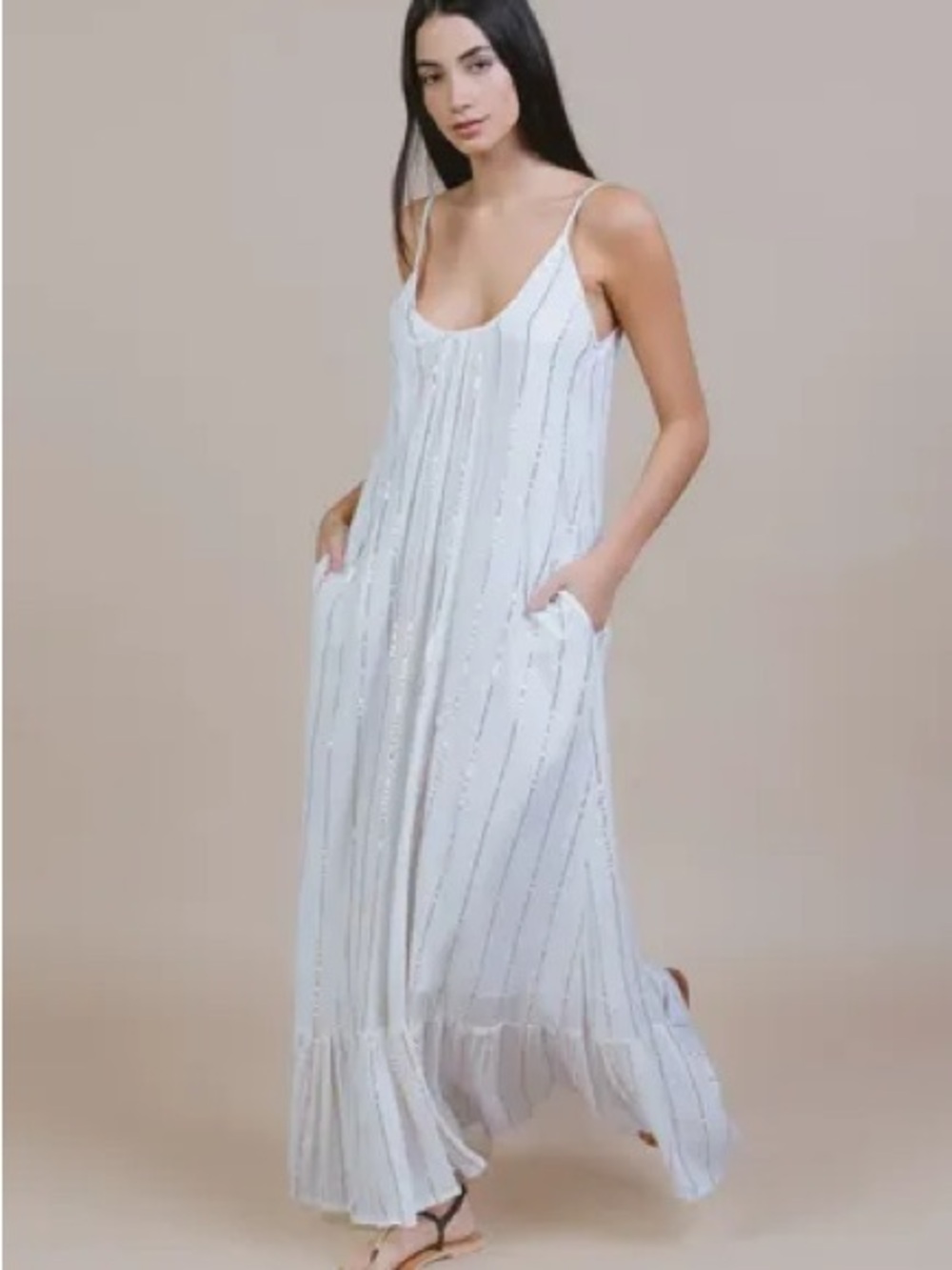 aerie Cream Striped Maxi Dress with Spaghetti Straps